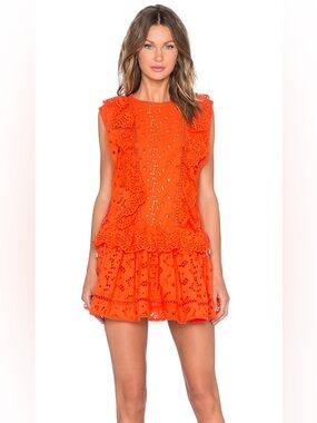 Zimmermann Marisol Eyelet Dress Tomato Orange Ruffle Lace Mini Dress Resort S